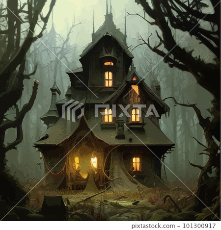 Night moonlight fantasy house in dark spooky dark forest in fog fantasy scene Night moonlight fantasy house in dark spooky dark forest in fog fantasy scene 101300917