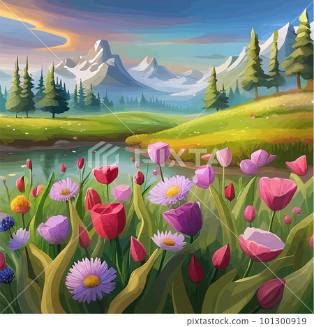Spring landscape in green field colorful wildflowers and sunset, cartoon rural Spring landscape in green field colorful wildflowers and sunset, cartoon rural 101300919