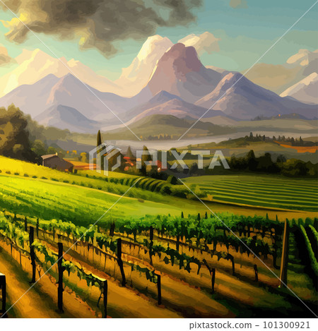 Rural landscape vineyards. Green vines on hills with trees and mountains Rural landscape vineyards. Green vines on hills with trees and mountains 101300921