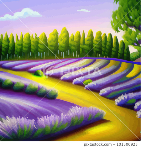 Lavender purple fields, green meadows and mountains. Farm panoramic view Lavender purple fields, green meadows and mountains. Farm panoramic view 101300923