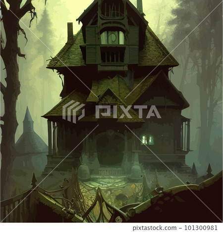 Night moonlight fantasy house in dark spooky dark forest in fog fantasy scene 101300981