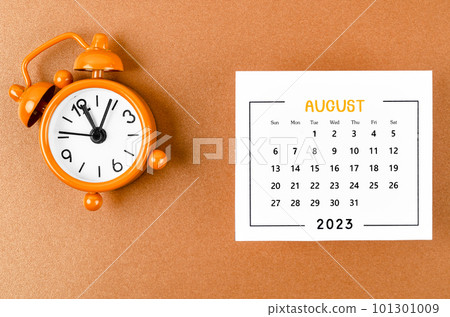 The August 2023 Monthly calendar for the organizer to plan 2023 year with alarm clock on yellow background. The August 2023 Monthly calendar for the organizer to plan 2023 year with alarm clock on yellow background. 101301009