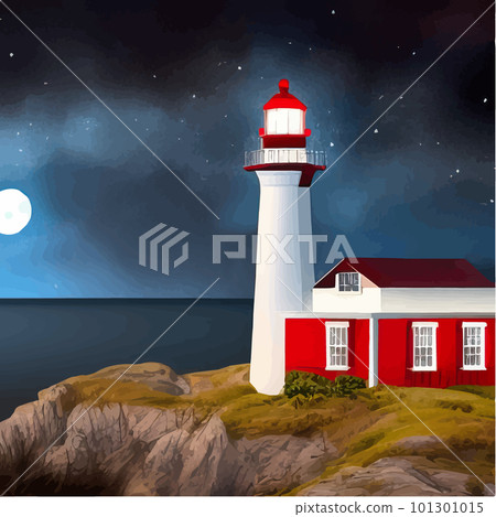 Lighthouse at night. Sea lighthouse with moon on rocky coast. Cartoon Lighthouse at night. Sea lighthouse with moon on rocky coast. Cartoon 101301015