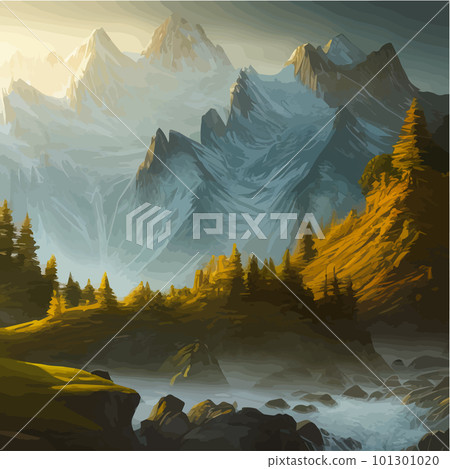 Incredible mountain landscape with forest and river. Vector illustration. 101301020