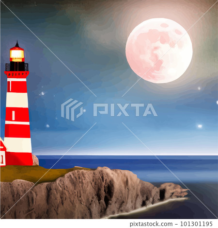Lighthouse at night. Sea lighthouse with moon on rocky coast. Cartoon Lighthouse at night. Sea lighthouse with moon on rocky coast. Cartoon 101301195