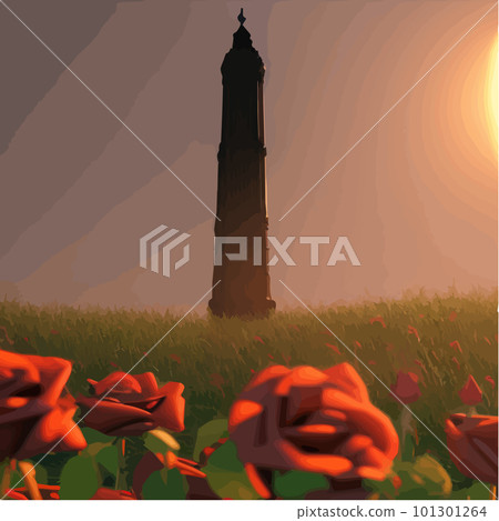 Dark fabulous field red roses and mysterious tower against background bright 101301264