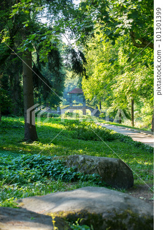 Chinese bridge near the reservoir in Oleksandria Park, Bila Tserkva, Ukraine Chinese bridge near the reservoir in Oleksandria Park, Bila Tserkva, Ukraine 101301399