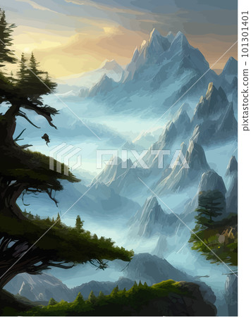 Mountain and lake Landscape. Cartoon rocky mountains, forest and river scene. Mountain and lake Landscape. Cartoon rocky mountains, forest and river scene. 101301401