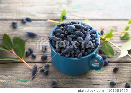 ripe honeysuckle in a blue cup ripe honeysuckle in a blue cup 101301435