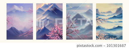 Panorama cherry blossom against background mountains and sky with clouds. 101301687