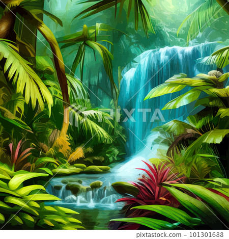 Beautiful cartoon forest tropical jungle with wildlife waterfall landscape 101301688