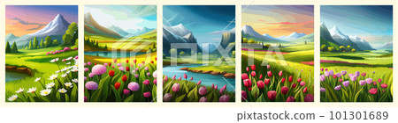 Spring nature and landscape. Vector illustration of mountains, flowers, plants, fields, vertical post background. Picture for background, postcard or cover 101301689