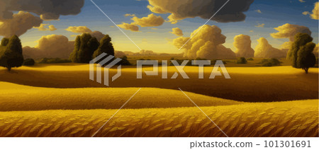 Rural landscape with wheat fields and yellow trees and sky on background. Rural landscape with wheat fields and yellow trees and sky on background. 101301691