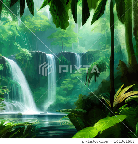 Beautiful cartoon forest tropical jungle with wildlife waterfall landscape Beautiful cartoon forest tropical jungle with wildlife waterfall landscape 101301695