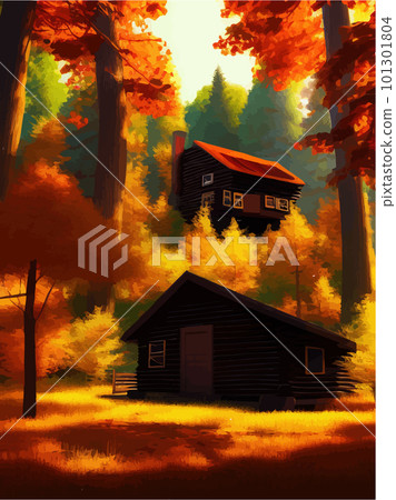 Fairytale house made logs with red roof, old wooden door, window. Vector Fairytale house made logs with red roof, old wooden door, window. Vector 101301804