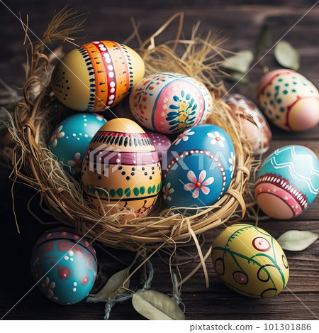 Happy Easter. Easter color eggs with ornament in basket on wooden background. Selective focus 101301886