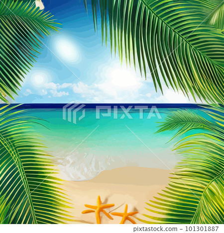 Summer on beach. Palms and plants around. Vector illustration. Summer vacation 101301887