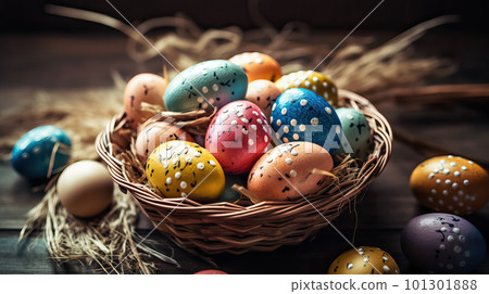 Happy Easter. Easter eggs with dots in basket on wooden background. Selective focus 101301888