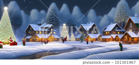 Nice winter landscape. Fabulous Lovely houses with warm light in the windows Nice winter landscape. Fabulous Lovely houses with warm light in the windows 101301967
