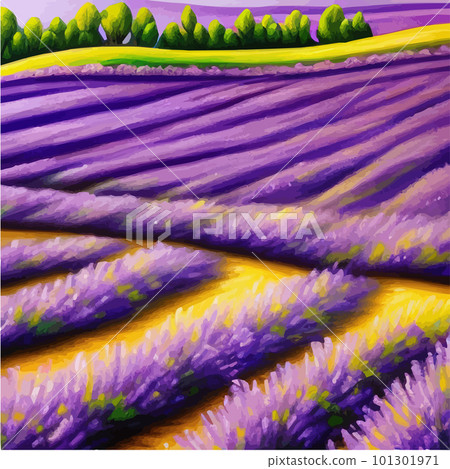 Lavender purple fields, green meadows and mountains. Farm panoramic view 101301971