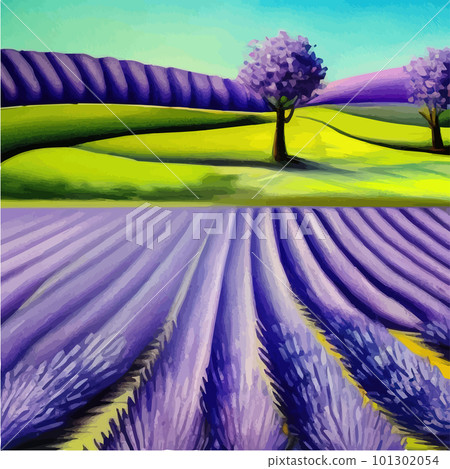 Lavender purple fields, green meadows and mountains. Farm panoramic view 101302054