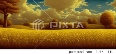 Rural landscape with wheat fields and yellow trees and sky on background. Rural landscape with wheat fields and yellow trees and sky on background. 101302110