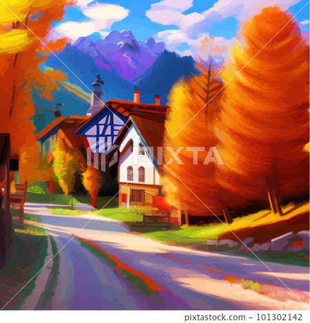 Sunny day in village house with road and orange autumn trees. Cartoon picture Sunny day in village house with road and orange autumn trees. Cartoon picture 101302142