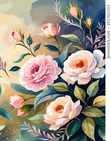 Border made pink watercolor roses flowers and green leaves, wedding Border made pink watercolor roses flowers and green leaves, wedding 101302201