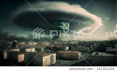 nuclear explosion mushroom cloud over russian city at winter morning, neural network generated art 101302208
