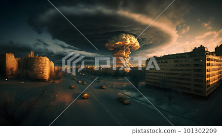 nuclear explosion mushroom cloud over russian city at winter morning, neural network generated art 101302209