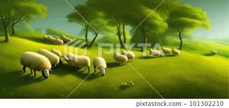Sheep in meadows and green hills. Summer rural landscape banner vector 101302210