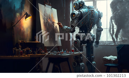robot artist in the studio next to his easel, painting and paints while working, neural network ai generated art 101302213