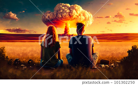 Man and woman sitting in field watching nuclear explosion Generative AI Man and woman sitting in field watching nuclear explosion Generative AI 101302250