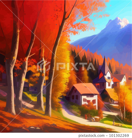 Sunny day in village house with road and orange autumn trees. Cartoon picture 101302269