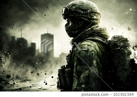 abstract contemporary soldier with helmet, googles, face mask and uniform with smoky city in the background, neural network generated art 101302384