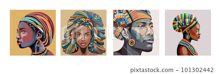 African man portrait, close-up, vector illustration. Amazon, warrior, princess. color drawing. Print, poster, t-shirt, postcard 101302442