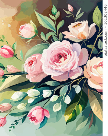 Border made pink watercolor roses flowers and green leaves, wedding 101302446