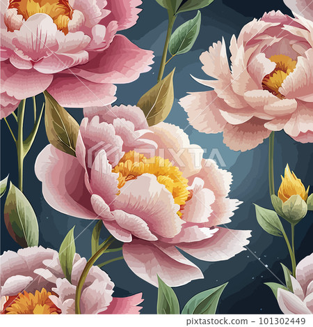 Seamless floral pattern with garden pink, peony flowers, leaves, branches. 101302449