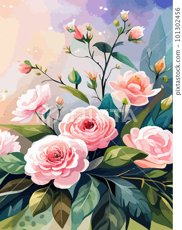 Border made pink watercolor roses flowers and green leaves, wedding 101302456