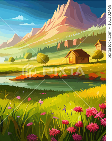 Spring nature and landscape. Vector illustration of mountains, flowers, plants, fields, vertical post background. Picture for background, postcard or cover 101302459