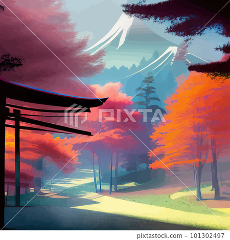 Colorful japanese landscape shrine through wooden torii. Forest Garden Colorful japanese landscape shrine through wooden torii. Forest Garden 101302497