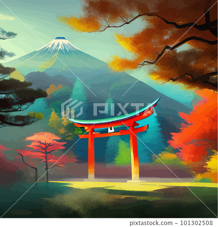 Colorful japanese landscape shrine through wooden torii. Forest Garden 101302508