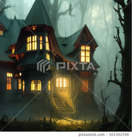 Night moonlight fantasy house in dark spooky dark forest in fog fantasy scene Night moonlight fantasy house in dark spooky dark forest in fog fantasy scene 101302548