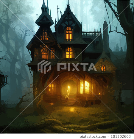 Night moonlight fantasy house in dark spooky dark forest in fog fantasy scene 101302603