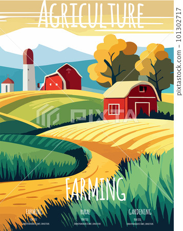Cover design with concept of agriculture, nature farming. Harvest, field, trees empty vector illustration five 101302717