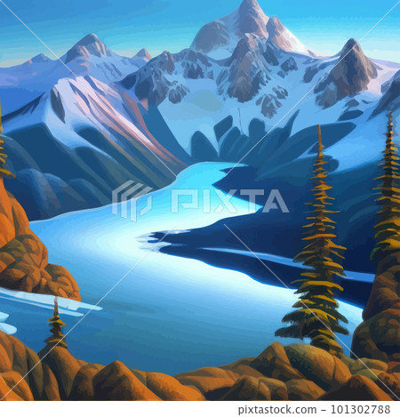 Stunning snow-capped mountains, Mountain Landscape, Alpine Snow, Vector 101302788