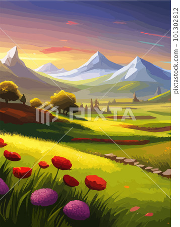 Spring nature and landscape. Vector illustration of mountains, flowers, plants, fields, vertical post background. Picture for background, postcard or cover 101302812