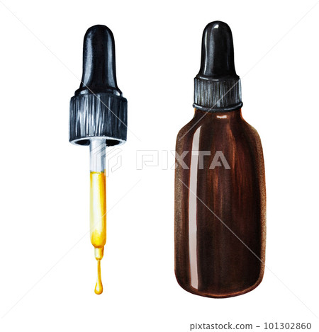 Watercolor skincare illustration. Glass bottle of serum and essential oil. Isolated on white background. Beauty products and botany elements, cosmetology and medicine. For designers, spa decoration 101302860
