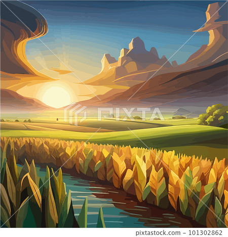 A cornfield with ripe cobs against a blue sky. Background image. Vector 101302862