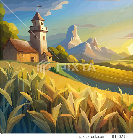 A cornfield with ripe cobs against a blue sky. Background image. Vector A cornfield with ripe cobs against a blue sky. Background image. Vector 101302903